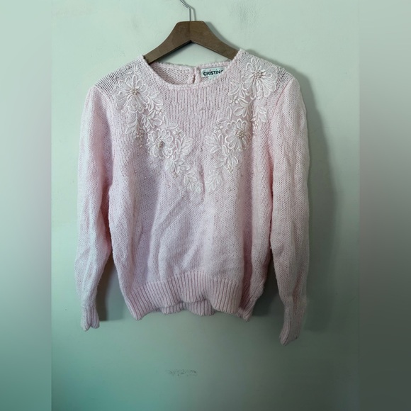 Sweaters - VTG 80s Cristina beaded floral Floral Cream Grandmacore Crewneck Chunky Knit Swe